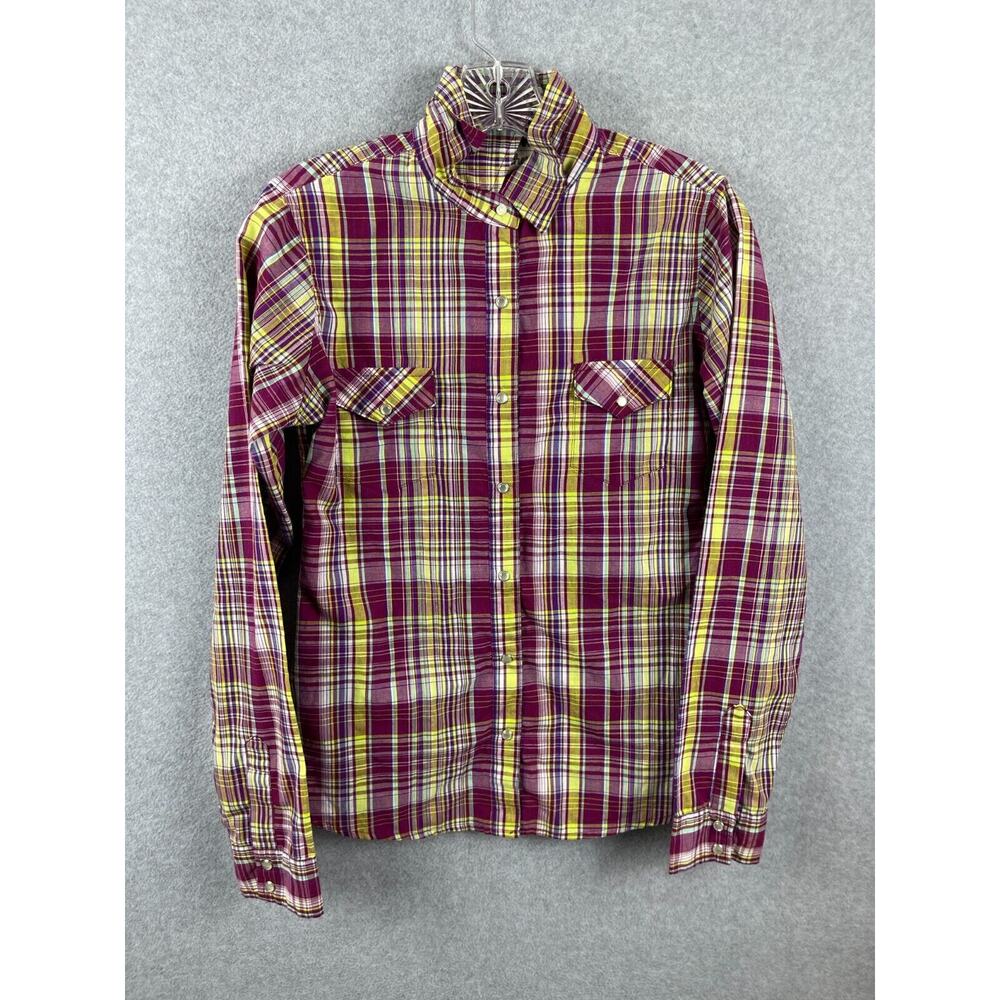 Wrangler Wrancher Pearl Snap Shirt Women's Red Yellow‎ Plaid Long Sleeve Cowboy